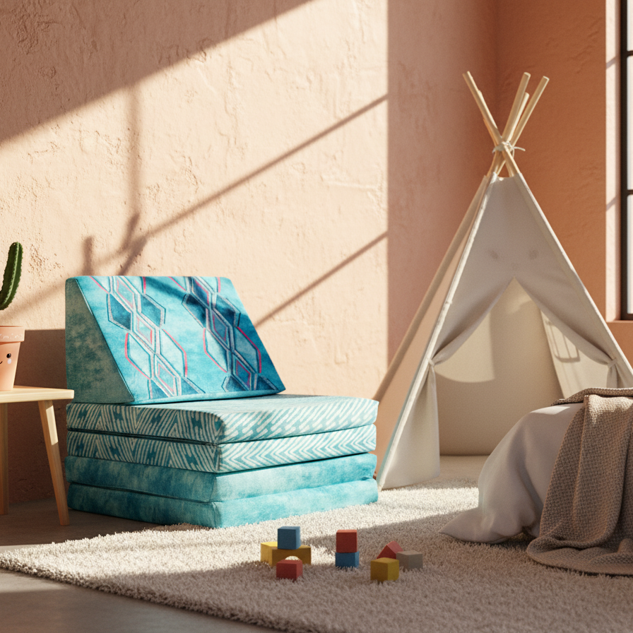 Children's room with a blue chair, white teepee, and toys on a rug.