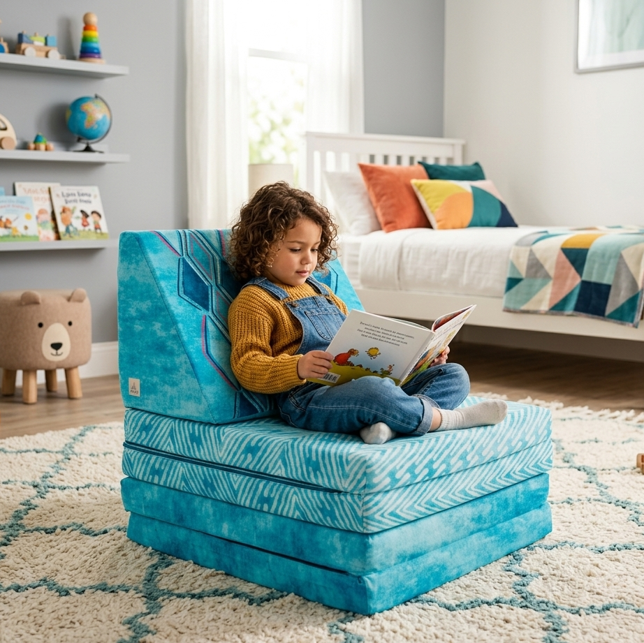 Child sitting on a blue wedge-shaped reading nook in a cozy living room.