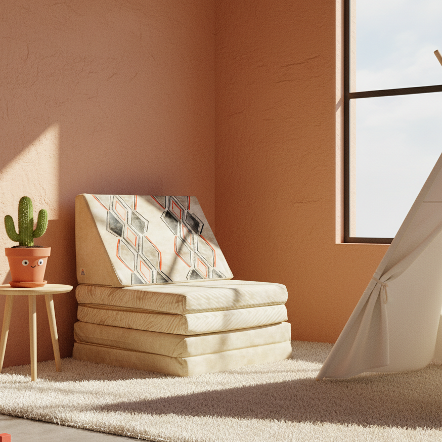 Children's room with a patterned chair, small table with a cactus plant, and a teepee.